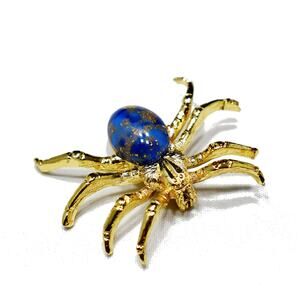 Spider Blue Glitter Lucite Brooch, Gold Plated, 1960s Vintage Brooch